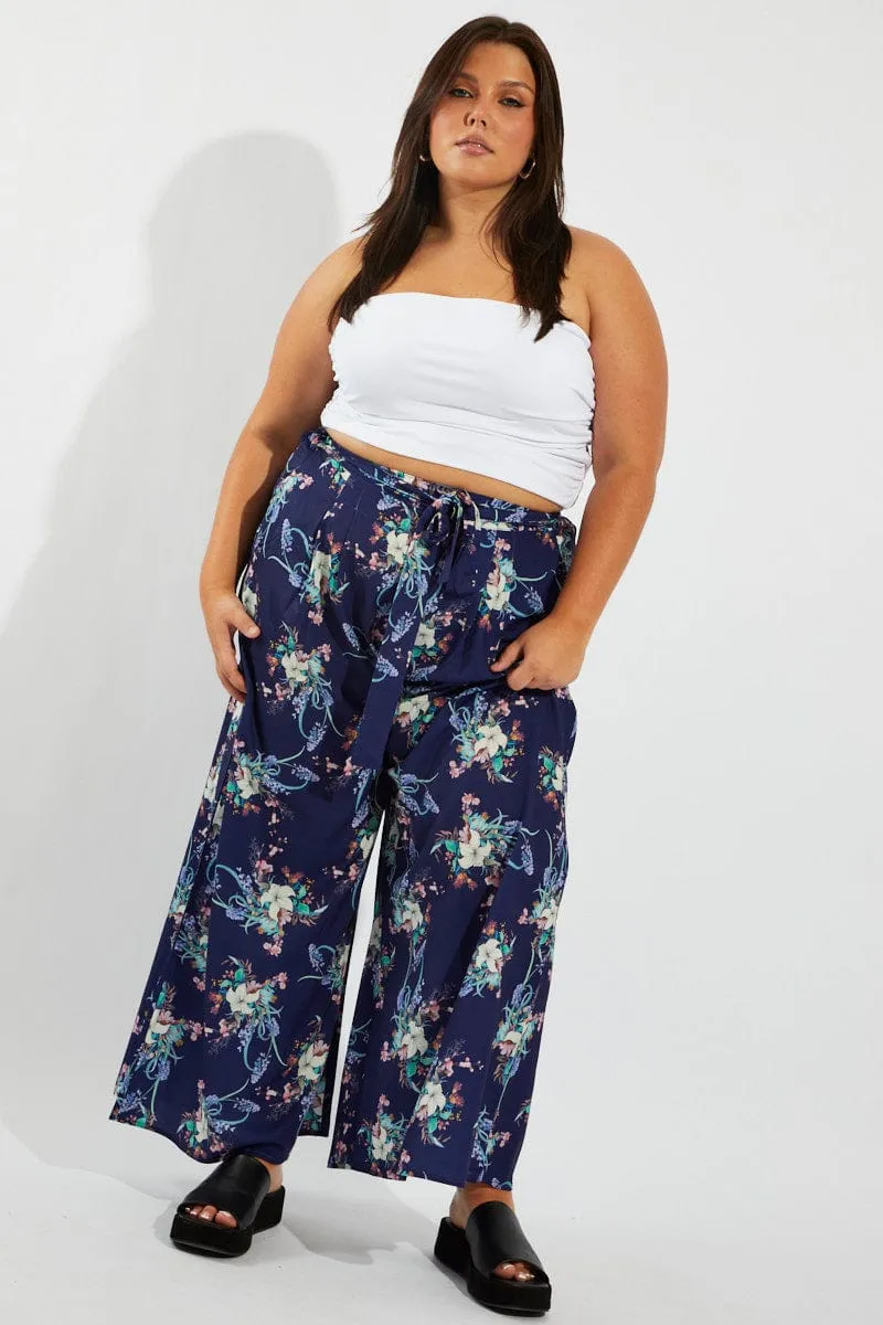 Pull-on style Multi Floral Wide Leg Pants Belted