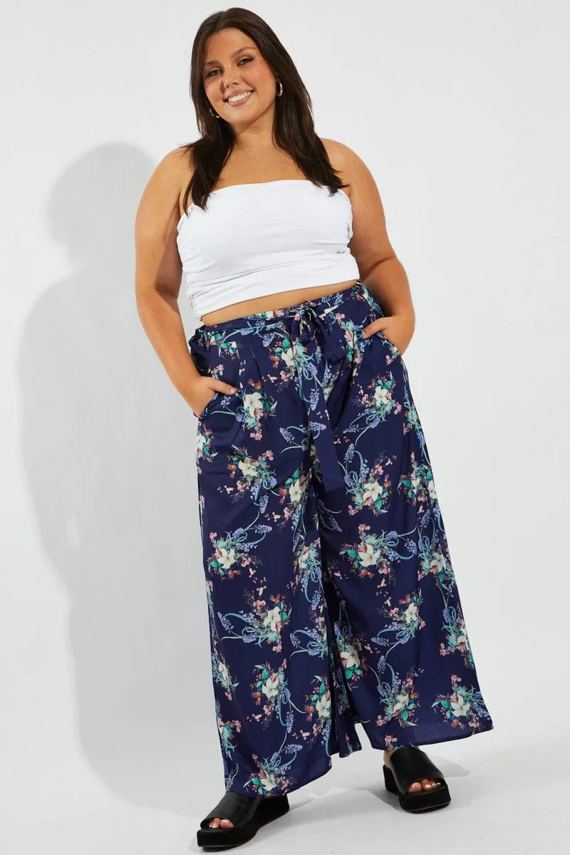 Multi Floral Wide Leg Pants Belted Tall Length