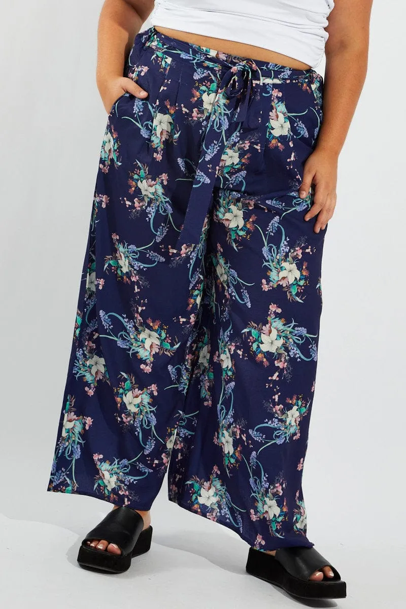 FadeResistantTreatment Embroidered Detail Multi Floral Wide Leg Pants Belted