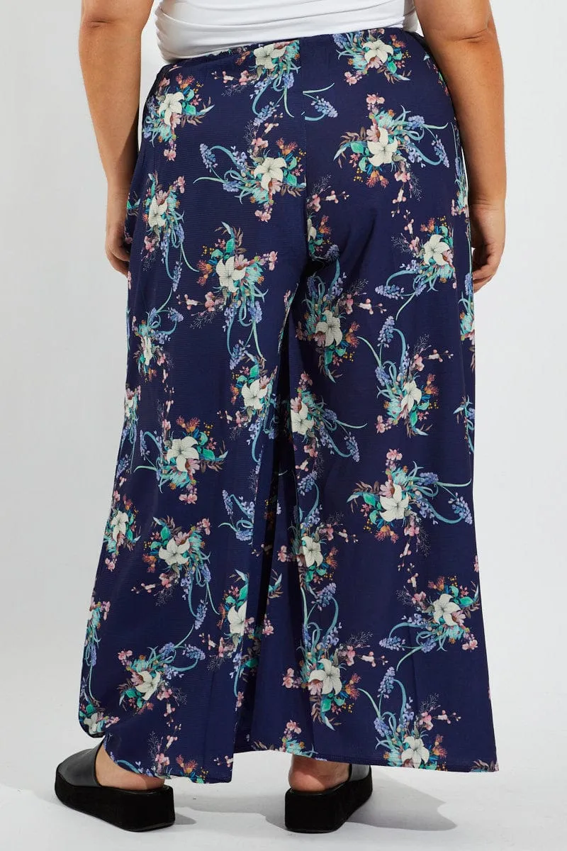 Fashionable Design Multi Floral Wide Leg Pants Belted