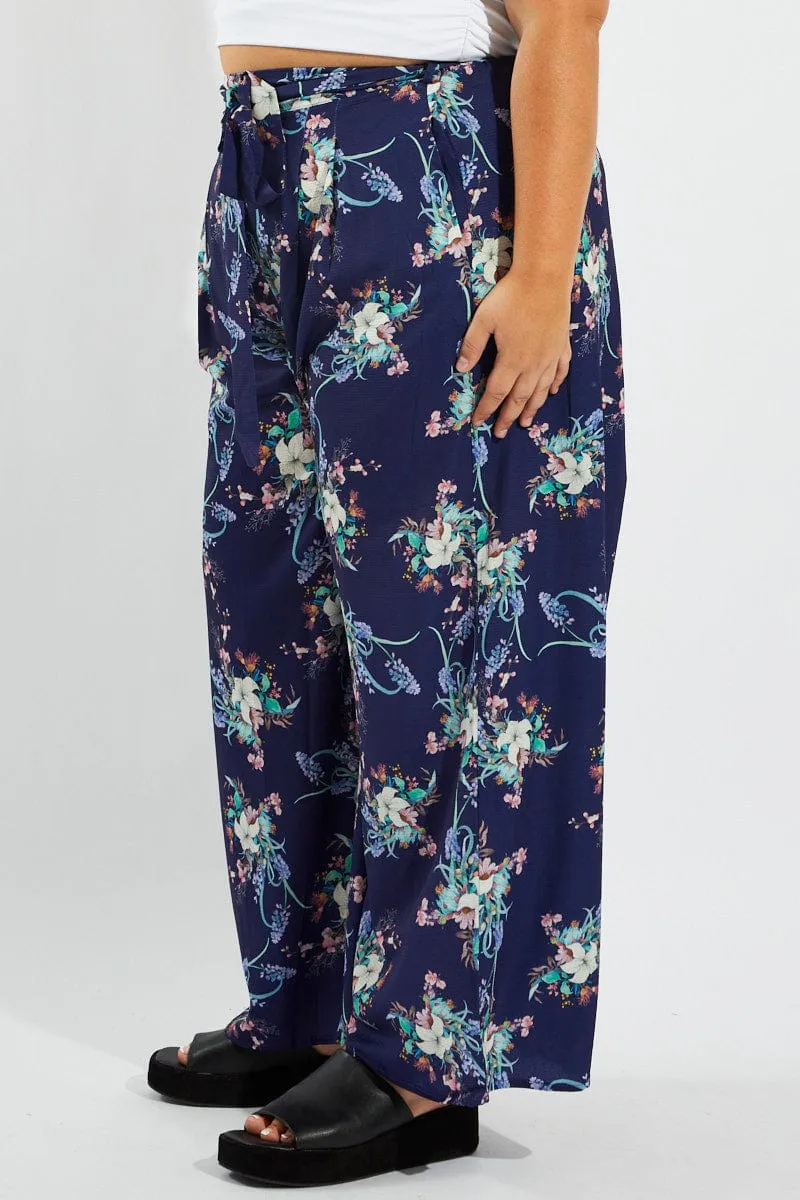 Stretchy Waist Multi Floral Wide Leg Pants Belted