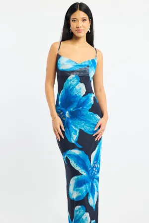 Air Glow Blue Floral Maxi Dress Cowl Neck Mesh