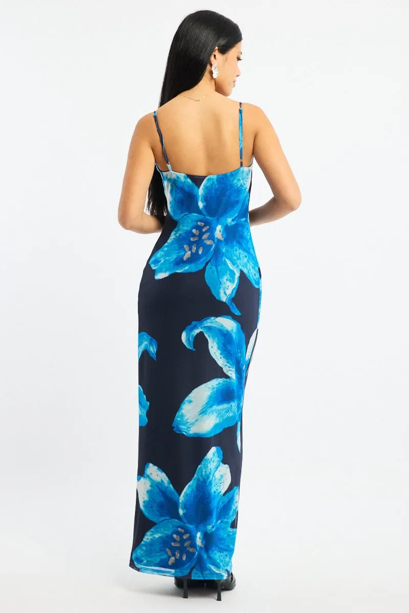 Blue Floral Maxi Dress Cowl Neck Mesh Ivory Shine Platinum Glow