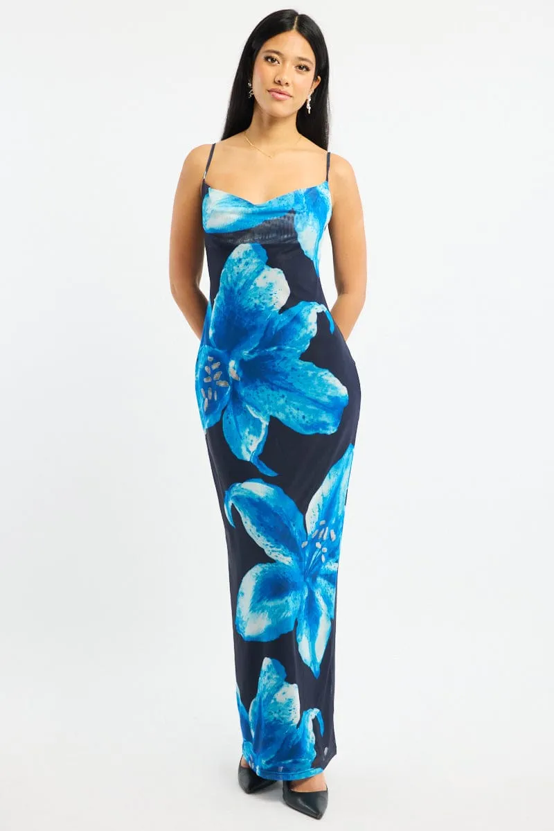 Blue Floral Maxi Dress Cowl Neck Mesh Golden Hour