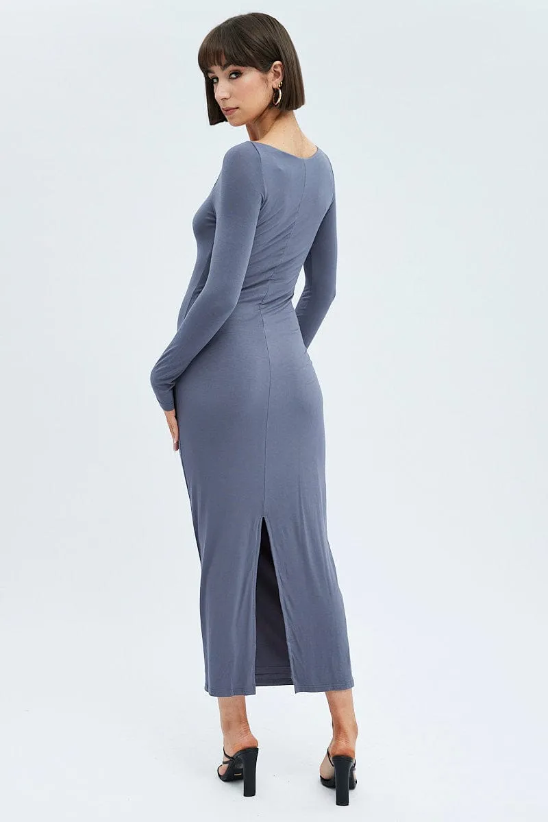 Evening Gold A-Line Cut Grey Maxi Dress Long Sleeve Bodycon