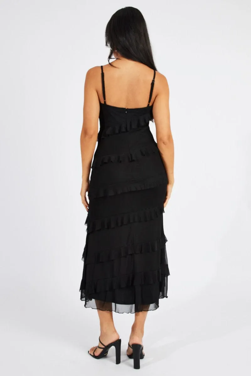 Black Maxi Dress Sleeveless Sweetheart Frill Mesh Heat Proof Metro View