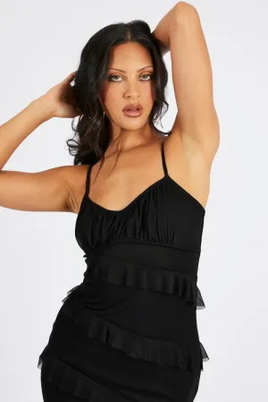 Black Maxi Dress Sleeveless Sweetheart Frill Mesh Festival Glow