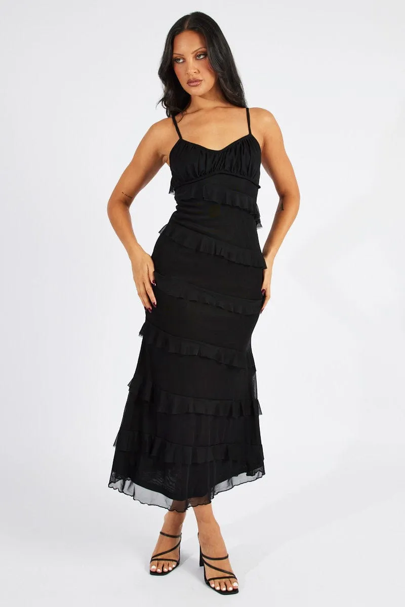 Easy-to-wear long dress This dress offers both style and practicality ensuring you always look your best Black Maxi Dress Sleeveless Sweetheart Frill Mesh