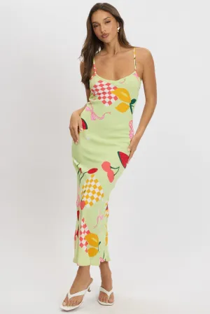 Green Abstract Maxi Dress Bias Cut Mesh Touch Flame Glow