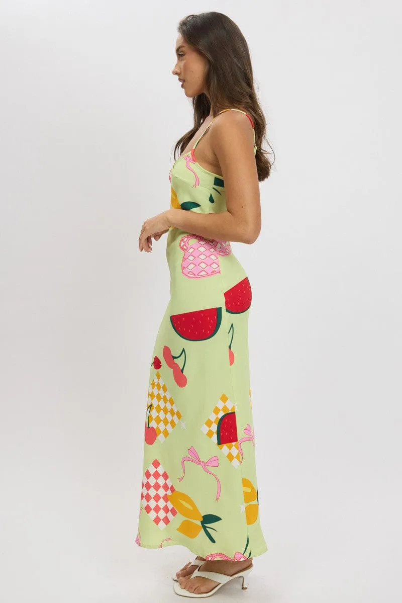 Feminine flowing piece Green Abstract Maxi Dress Bias Cut