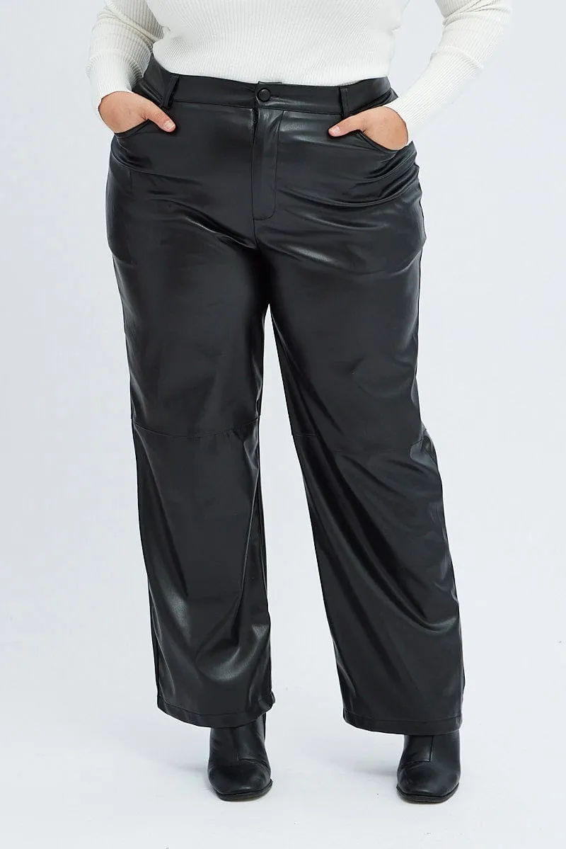 Comfy Wearable Black Faux Leather Pants High Button Waist Wide Leg