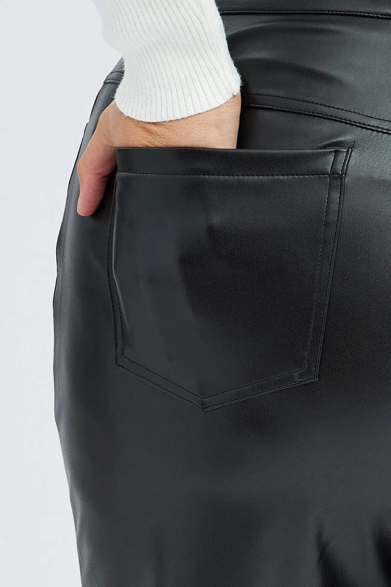 Black Faux Leather Pants High Button Waist Wide Leg Smart Style