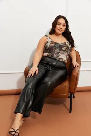 Black Faux Leather Pants High Button Waist Wide Leg Double Stitched Sporty Comfort Fit