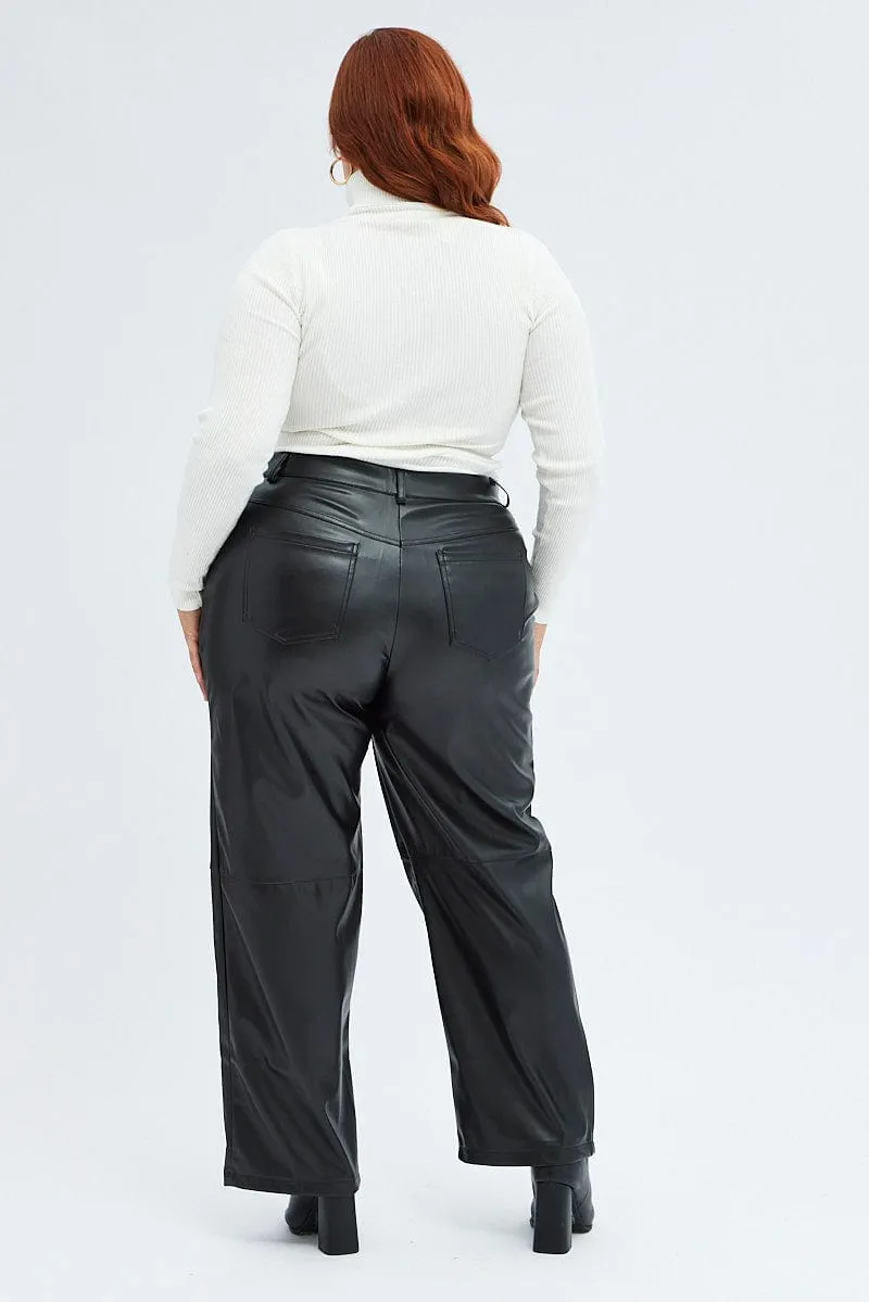 Black Faux Leather Pants High Button Waist Wide Leg Slim Comfort Everyday Style