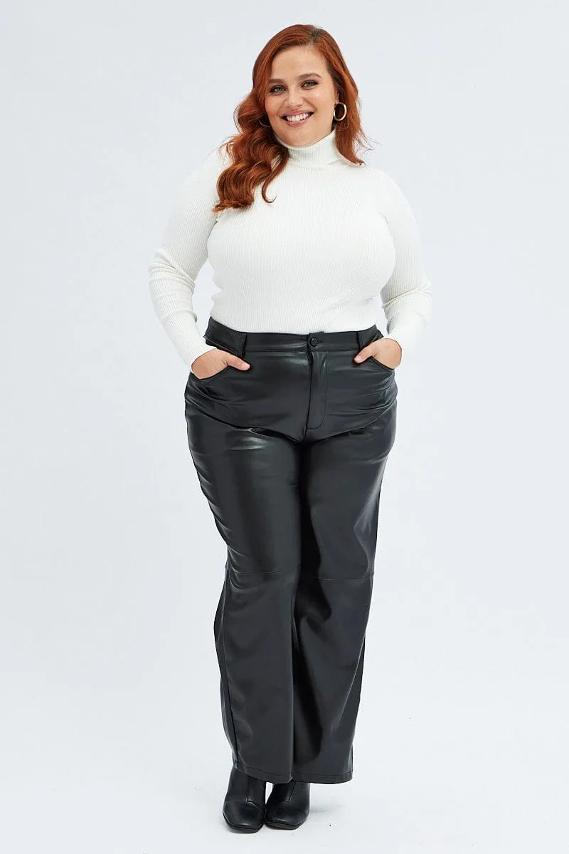 Black Faux Leather Pants High Button Waist Wide Leg Relaxed Fit Design Distressed finish