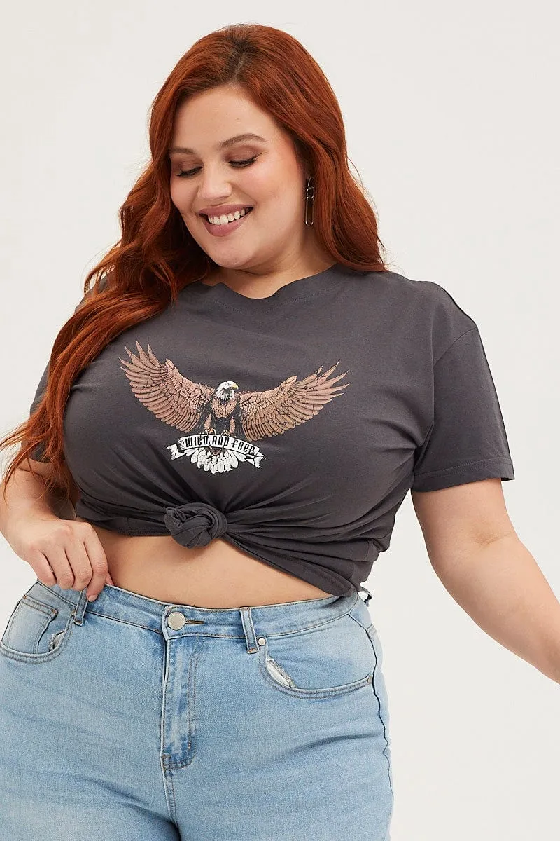 Black Crop T-shirt Eagle Crew Neck Short Sleeve Semi Trendy Apparel Bohemian style