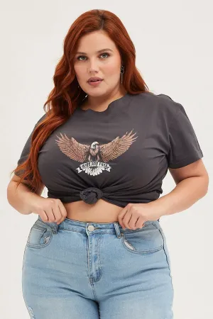 Sustainable Flattering Design Black Crop T-shirt Eagle Crew Neck Short Sleeve Semi