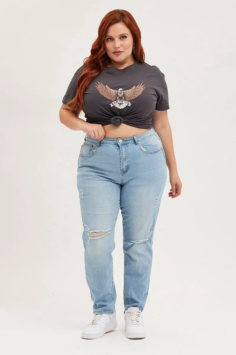 Black Crop T-shirt Eagle Crew Neck Short Sleeve Semi MultipurposeUse