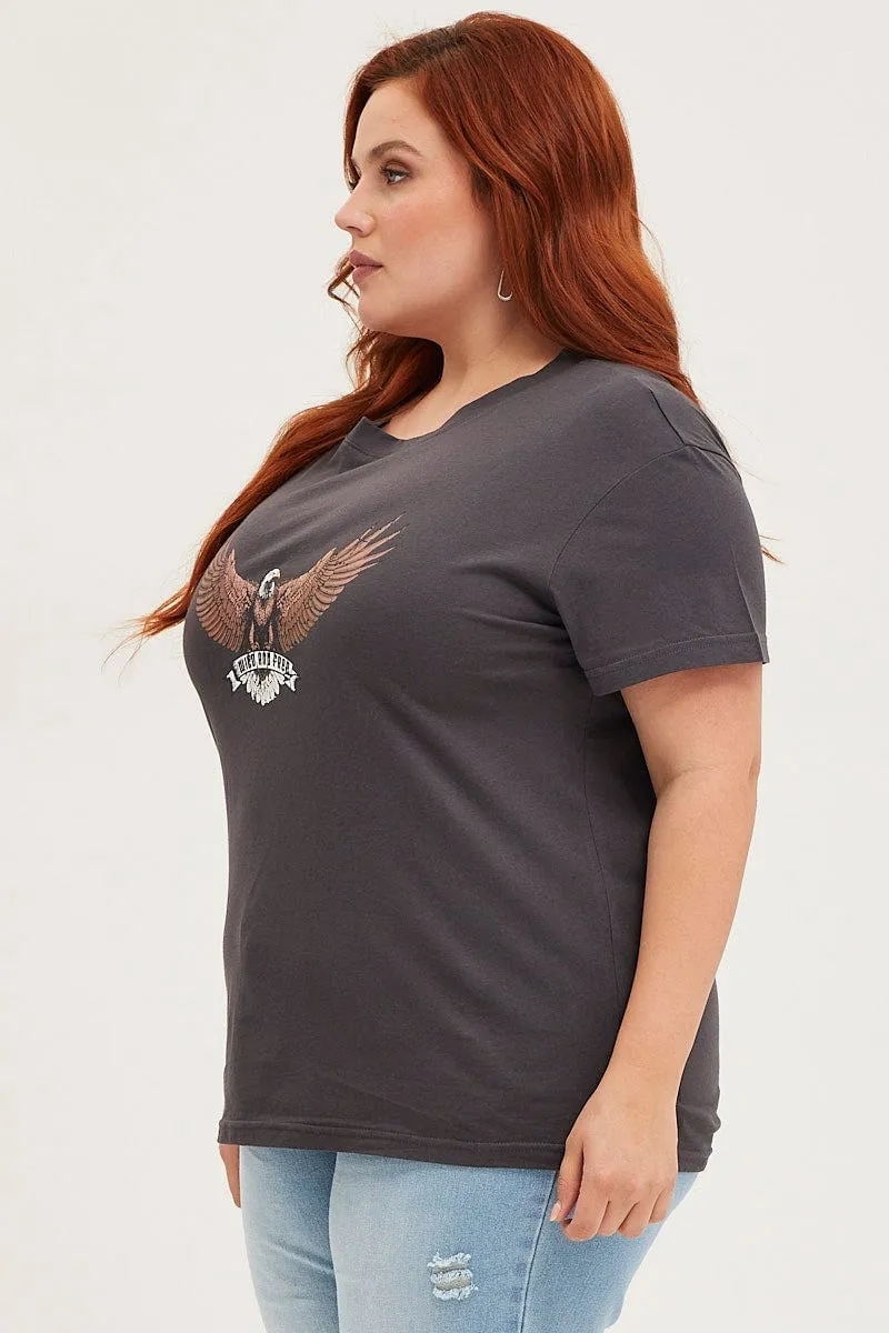 Black Crop T-shirt Eagle Crew Neck Short Sleeve Semi Classic Design Essential Layer