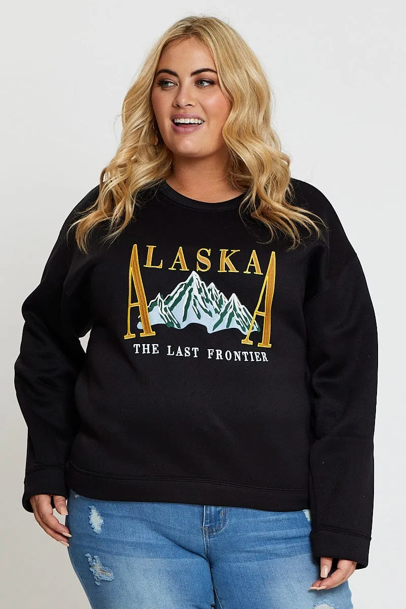 Black Embroidered Sweatshirt Alaska Long Sleeve Outdoor Comfort