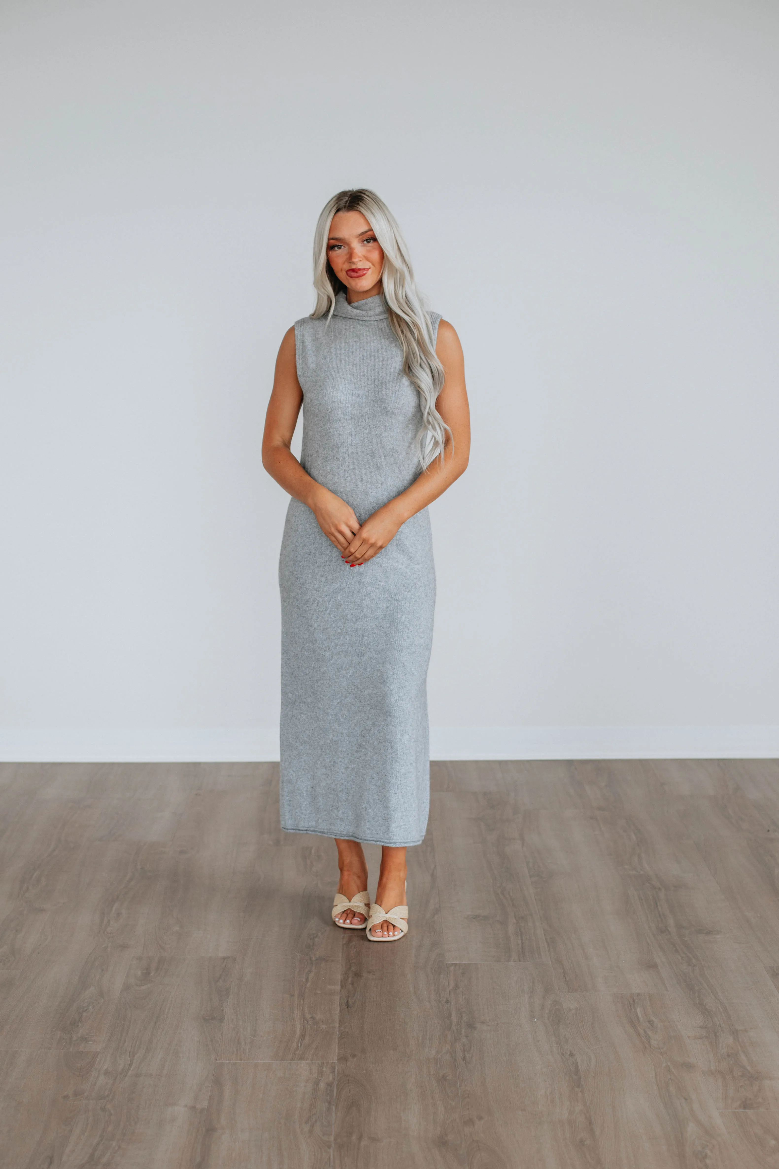 Casual Comfort Wear Cable Stitch Roxanna Sweater Dress - Heather Grey