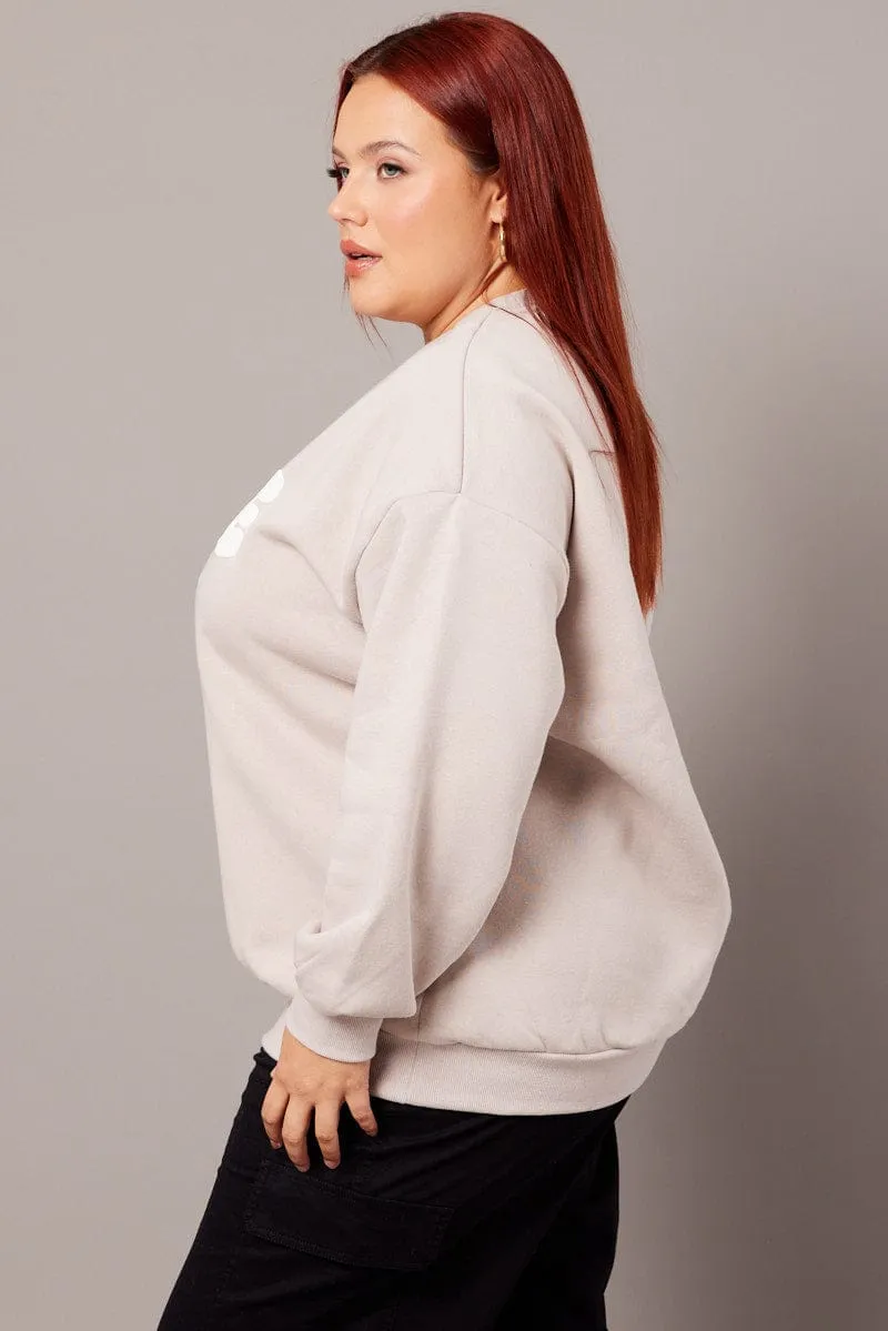 Grey Oversized Sweater Long Sleeve Crew Neck Fresh Sporty