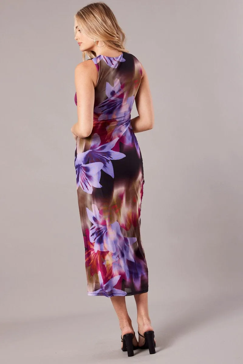 NonRestrictiveFit Multi Floral Bodycon Dress Round Neck Sleeveless Mesh