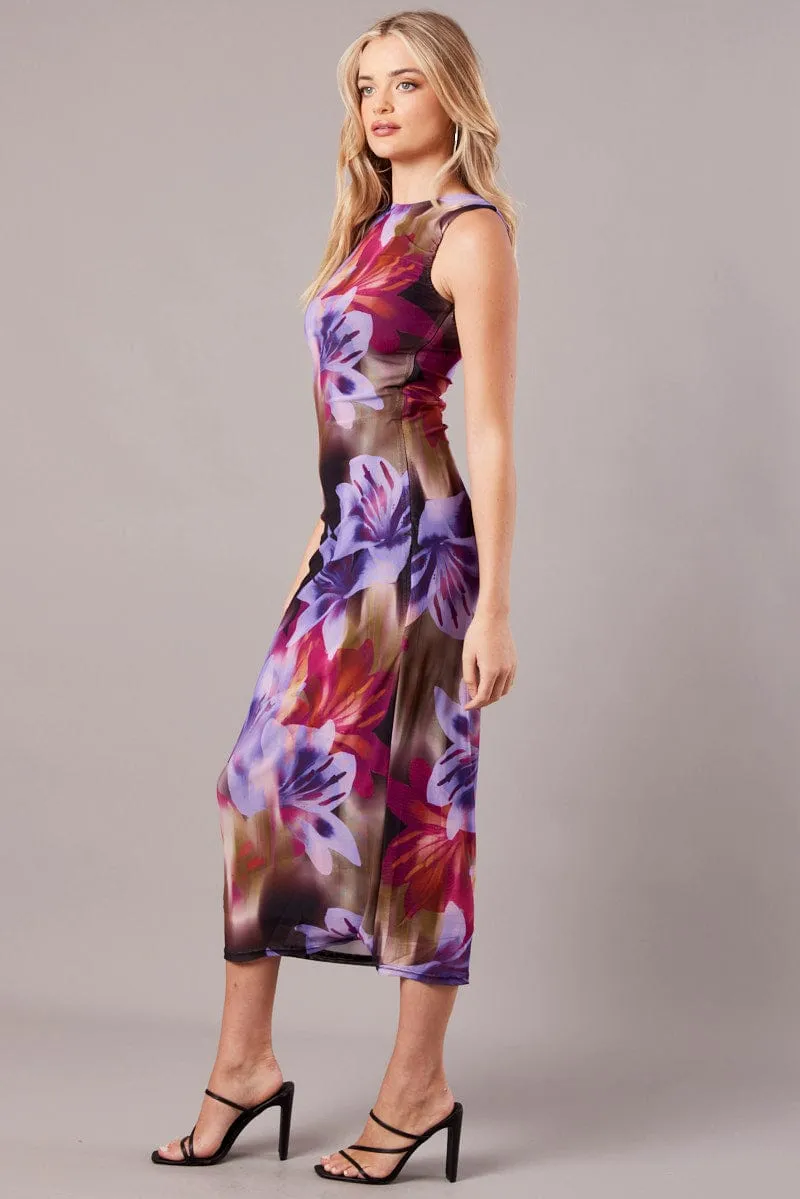 Multi Floral Bodycon Dress Round Neck Sleeveless Mesh AntiStatic Lining