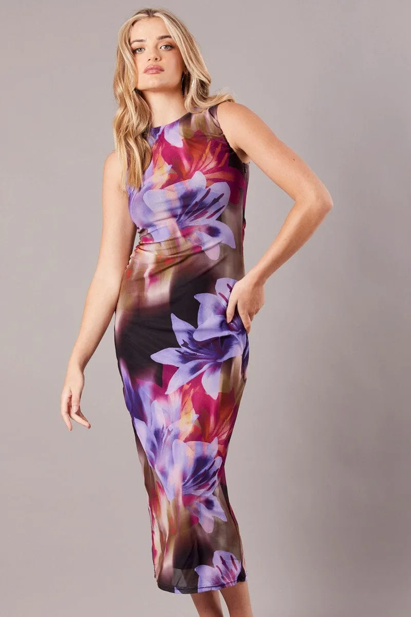 Multi Floral Bodycon Dress Round Neck Sleeveless Mesh Free Shape UVProtectionFabric