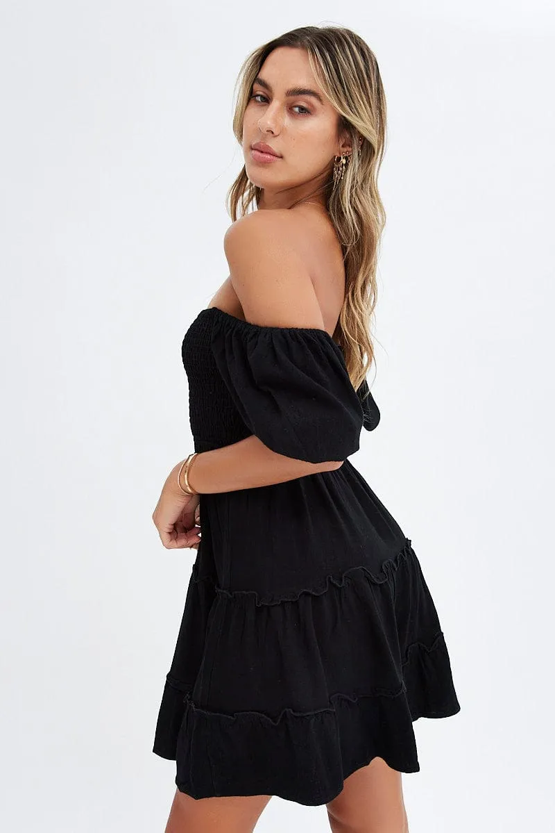 Breathable fabric Black Fit And Flare Dress Puff Sleeve Mini