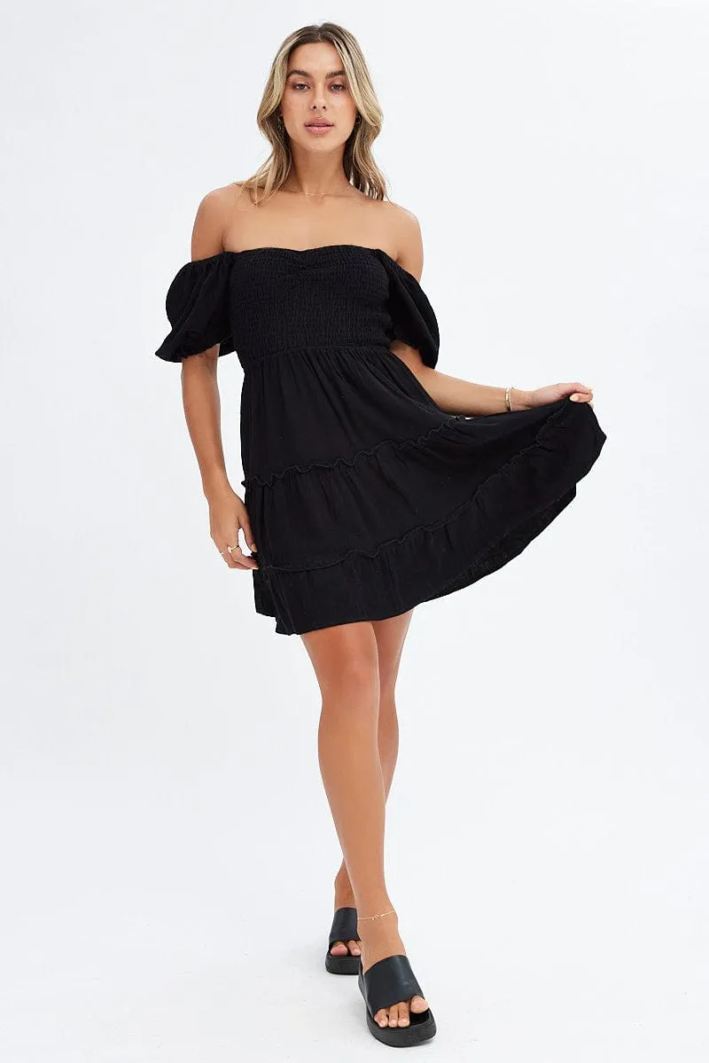 Black Fit And Flare Dress Puff Sleeve Mini Dance Light Reflective details