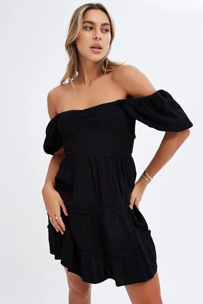 Black Fit And Flare Dress Puff Sleeve Mini Organic Cotton