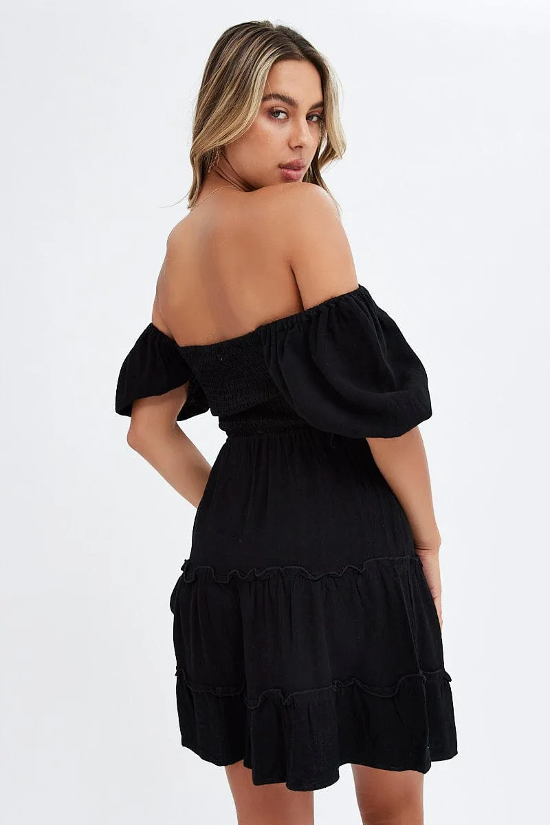 Black Fit And Flare Dress Puff Sleeve Mini Airtight Zipper