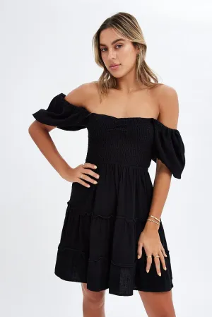 Black Fit And Flare Dress Puff Sleeve Mini Easy Go Run Core