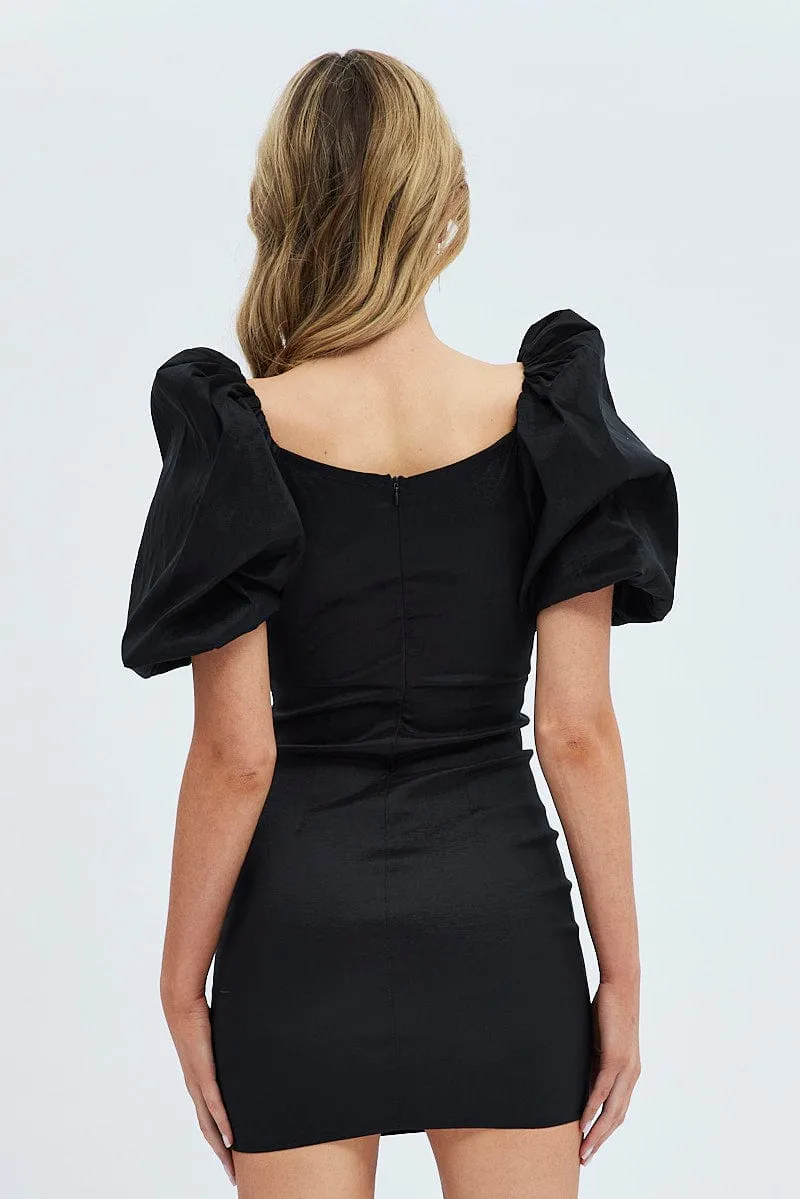 Shine Fit Black Statement Puff Sleeve Wrap Dress