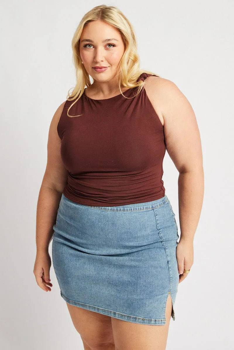 Brown Sleeveless knotted Shoulder Top StainRepellentSurface Timeless Wear
