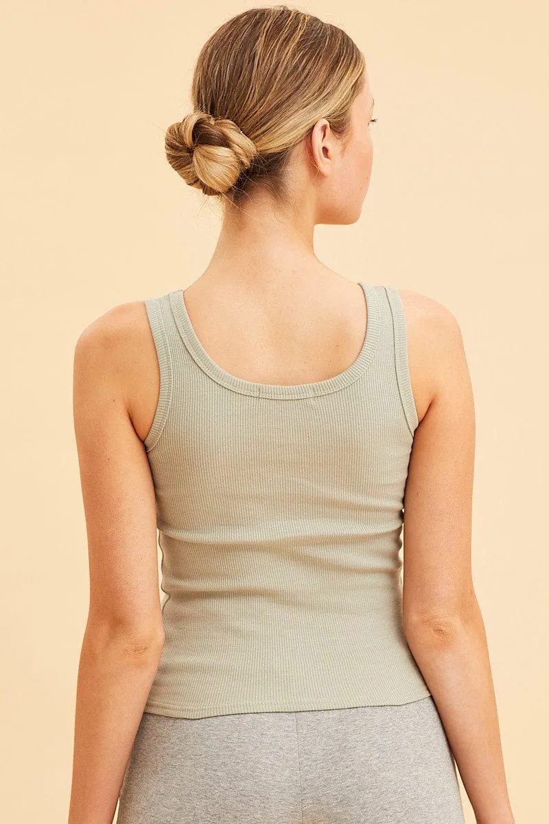 Green Cotton Tank Scoop Neck Cotton Blend Rib Sleeveless Wonder Core AbrasionFreeZone