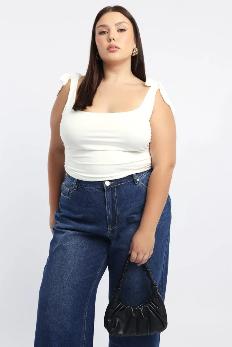 Sharp Look Party Guest White Tank Top Tie Shoulder Side Ruched