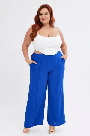 Blue Wideleg Pants Seam Front Elastic Waist Crepe Versatile Layering Casual Chic