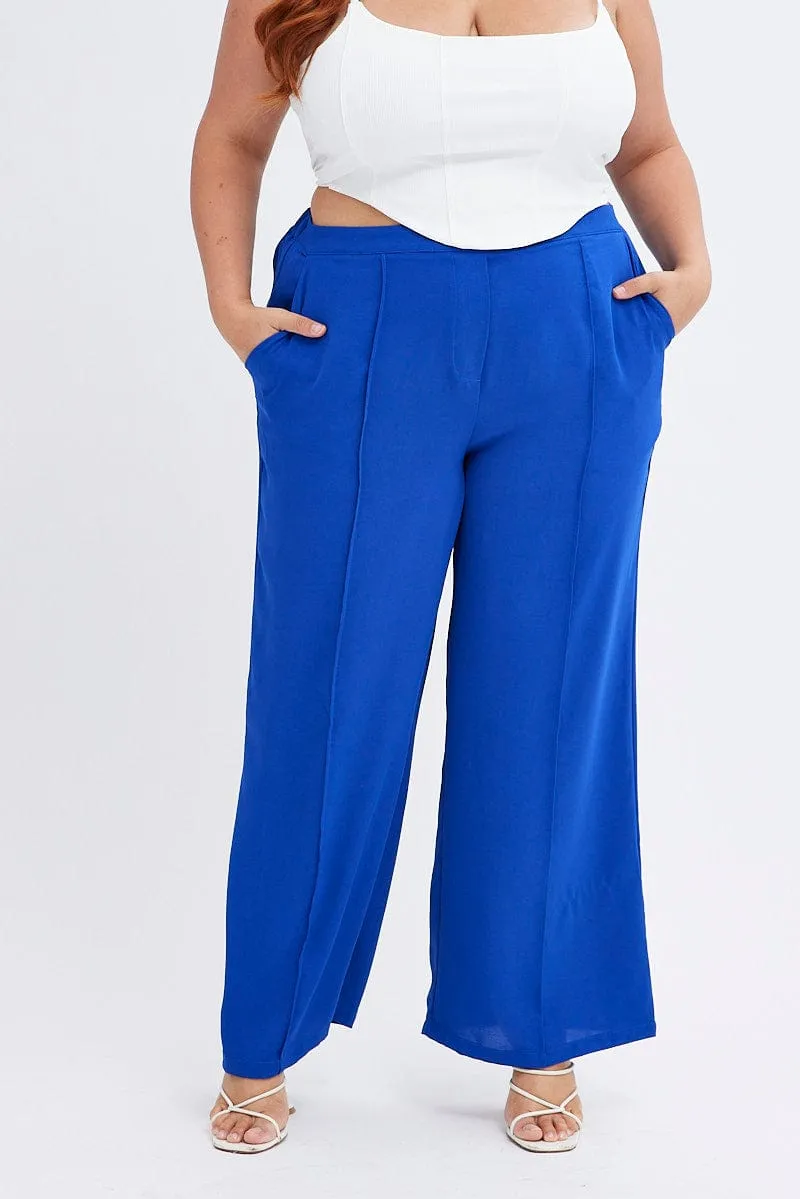 Blue Wideleg Pants Seam Front Elastic Waist Crepe Flattering Look Reinforced Pockets