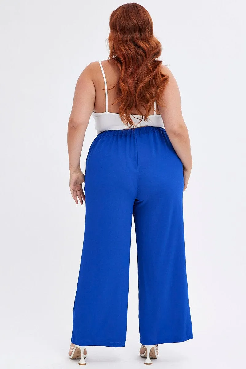 Comfort-First Blue Wideleg Pants Seam Front Elastic Waist Crepe