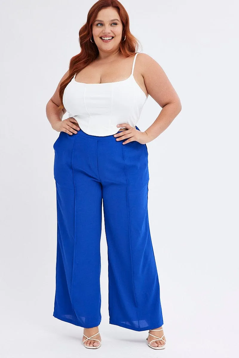City Vibe Non Irritating Blue Wideleg Pants Seam Front Elastic Waist Crepe