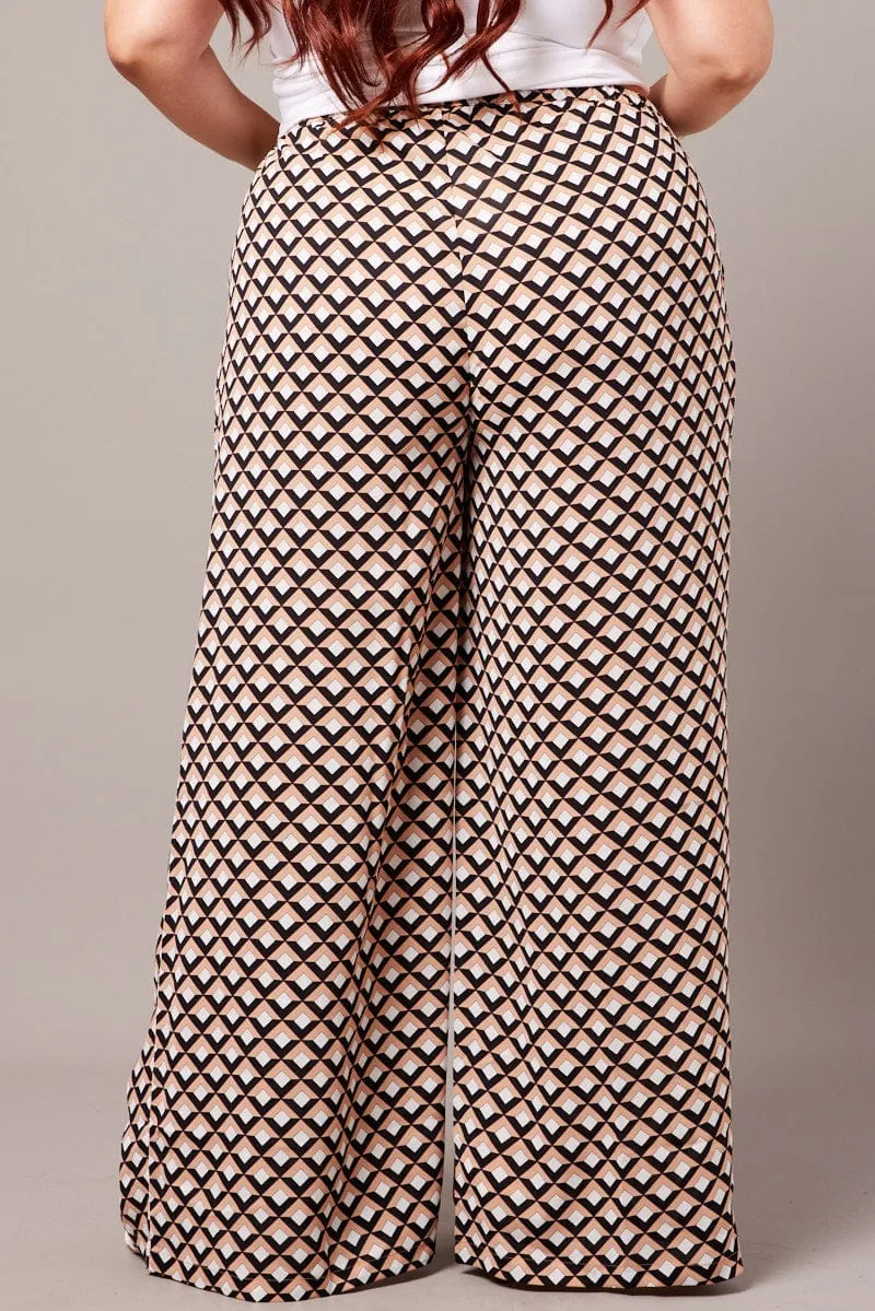 Ultra Soft Brown Geo Wide Leg Pants High Rise