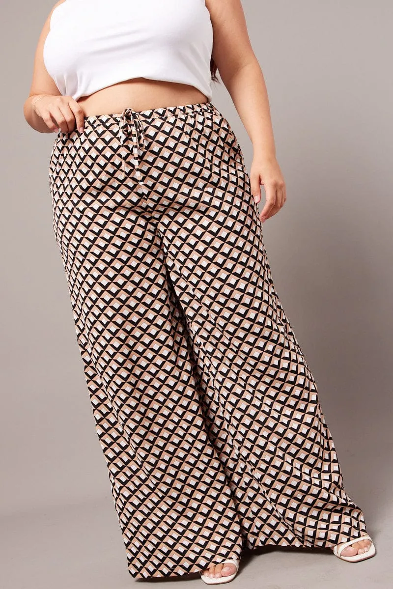 Refined fit Brown Geo Wide Leg Pants High Rise