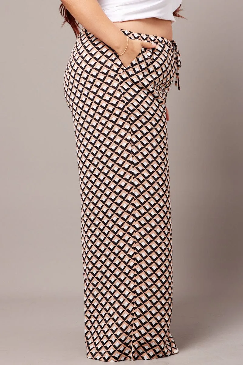Transitional Style Brown Geo Wide Leg Pants High Rise