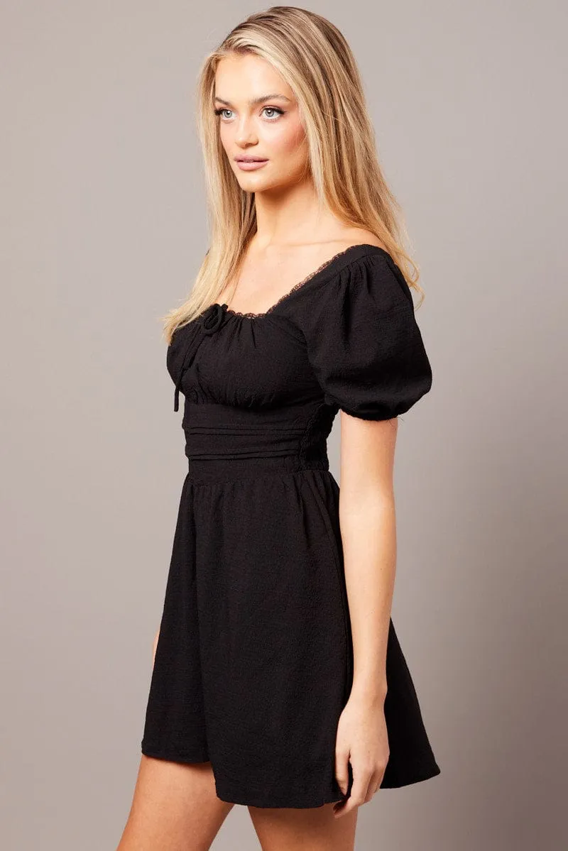 QuickPackable Design Seamless Sleeve Construction Black Fit And Flare Dress Puff Sleeve