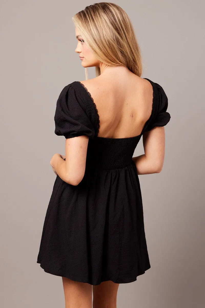 Black Fit And Flare Dress Puff Sleeve Quiet Luxury