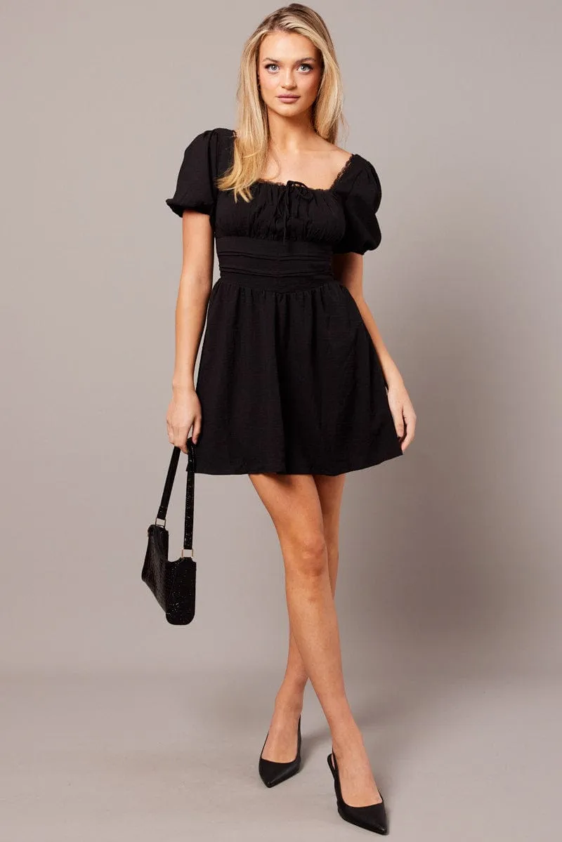 Black Fit And Flare Dress Puff Sleeve QuickReleaseClosure Italian Flair