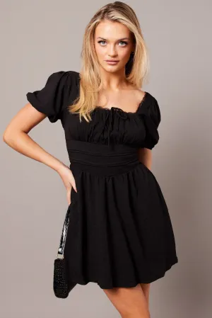 Sporty Design Relaxed Wear Black Fit And Flare Dress Puff Sleeve