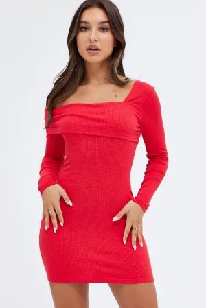 Red Off Shoulder Dress Ribbed Long Sleeve Mini Bodycon Versatile Scarf